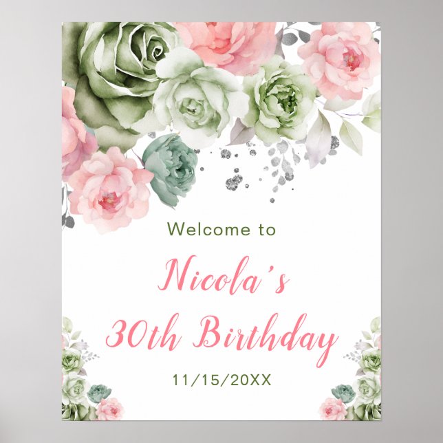 Sage Green and Pink Floral Birthday Welcome Poster (Front)