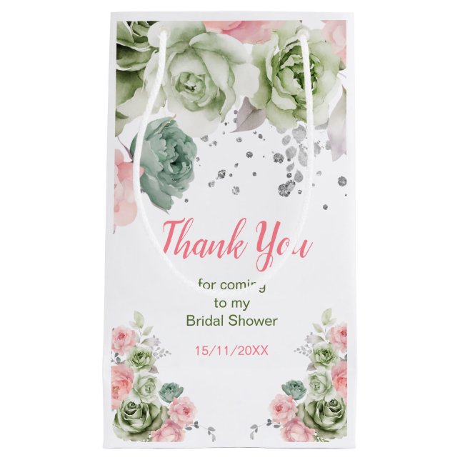 Sage Green and Pink Floral Bridal Shower Small Gift Bag (Front)