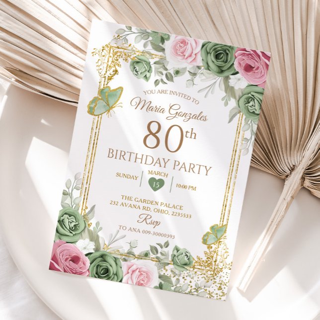 Sage Green and Pink Floral Butterfly 80th Birthday Invitation (Creator Uploaded)