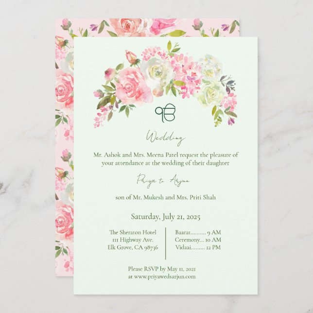 Sage Green and Pink Floral Sikh Ik Onkar Wedding Invitation (Front/Back)