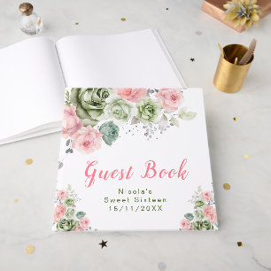 Sage Green and Pink Floral Sweet Sixteen Guest Book