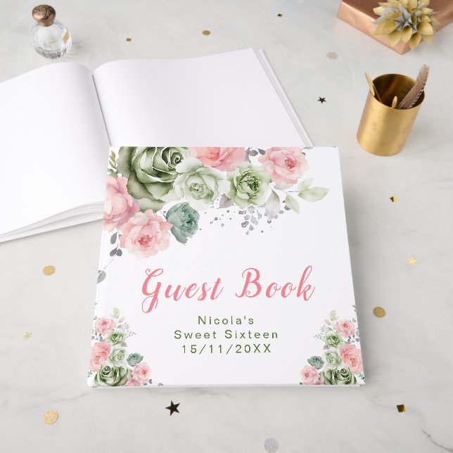 Sage Green and Pink Floral Sweet Sixteen Guest Book (Front Open)
