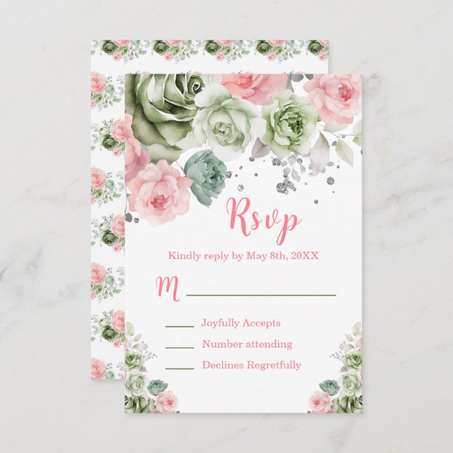 Sage Green and Pink Floral Sweet Sixteen RSVP Card (Front/Back)