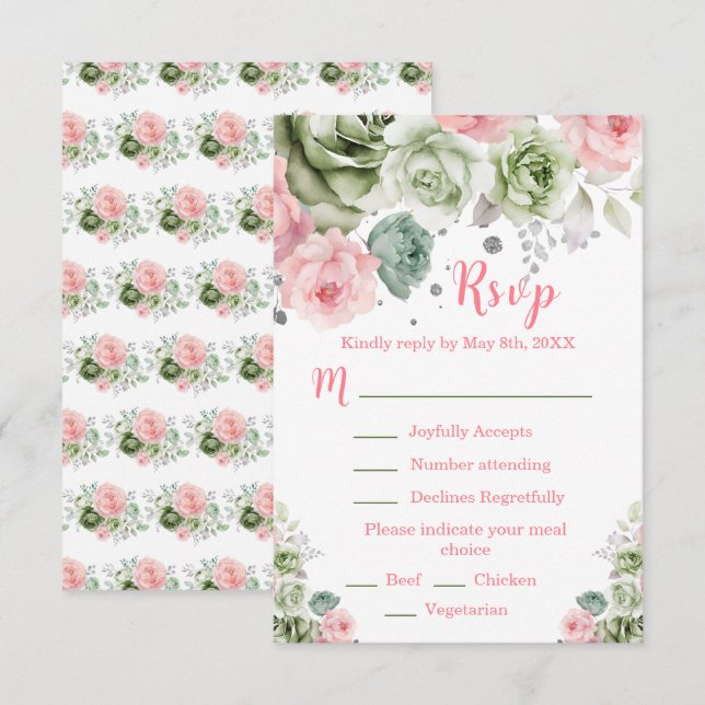 Sage Green and Pink Floral Sweet Sixteen RSVP Card (Front/Back)