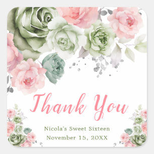 Sage Green and Pink Floral Sweet Sixteen Square Sticker