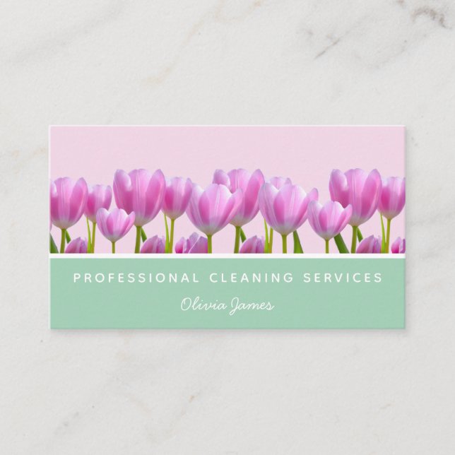 Sage green and pink floral tulips cleaning service business card (Front)