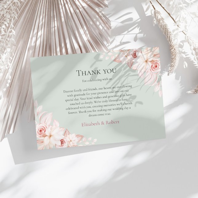 Sage Green and Pink Floral Wedding Thank You Card (Sage Green and Pink Floral Wedding Thank You Card on a sunny table with white dry botanicals)