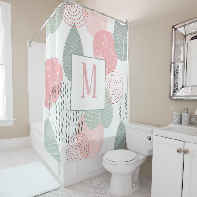 Sage Green and Pink Morandi Plant Custom Shower Curtain (In Situ)
