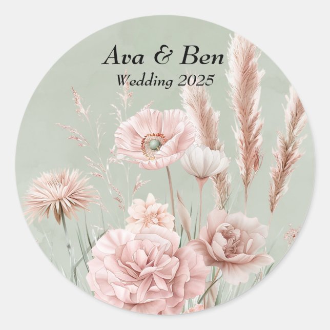 Sage Green and Pink Wildflowers Wedding Classic Round Sticker (Front)