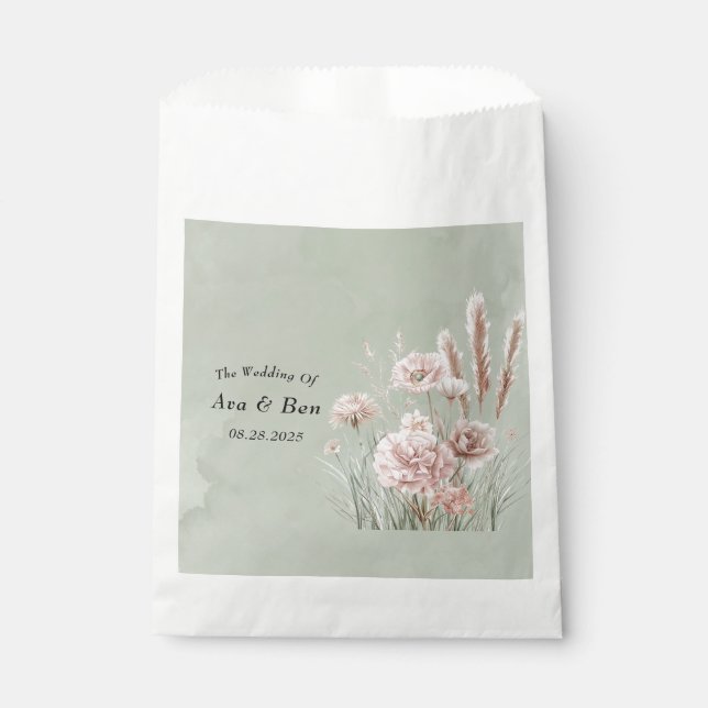 Sage Green and Pink Wildflowers Wedding Favour Bags (Front)