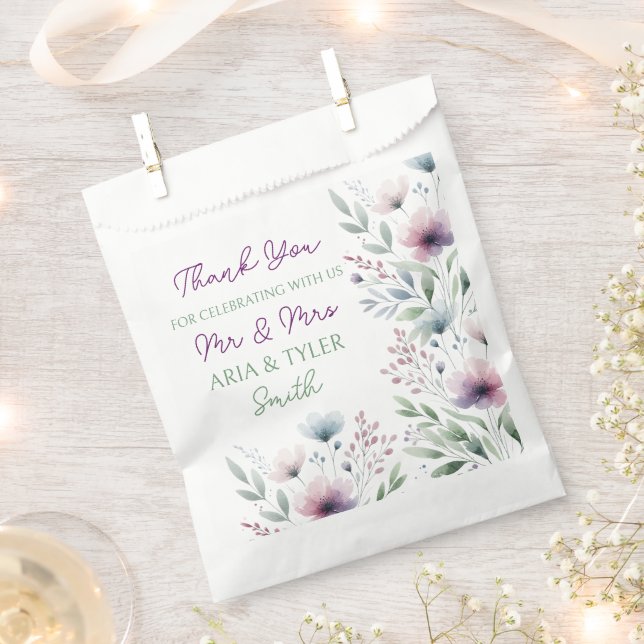 Sage Green and Plum Purple Botanical Wedding Favour Bags (Clipped)