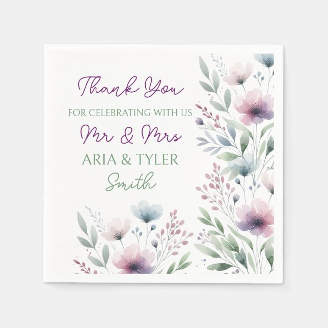 Sage Green and Plum Purple Botanical Wedding Napkin (Front)