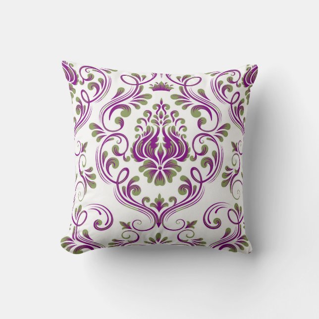 Sage Green and Purple Damask Floral Pattern Cushion (Front)