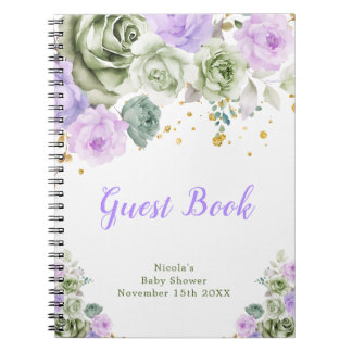 Sage Green and Purple Floral Baby Shower Guest Notebook