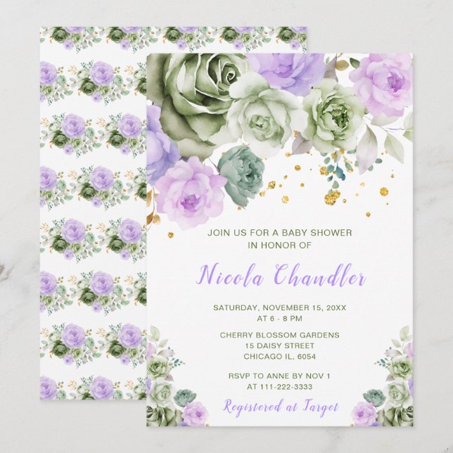 Sage Green and Purple Floral Baby Shower Invitation (Front/Back)