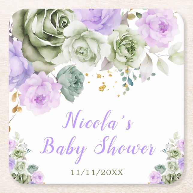 Sage Green and Purple Floral Baby Shower Square Paper Coaster (Front)