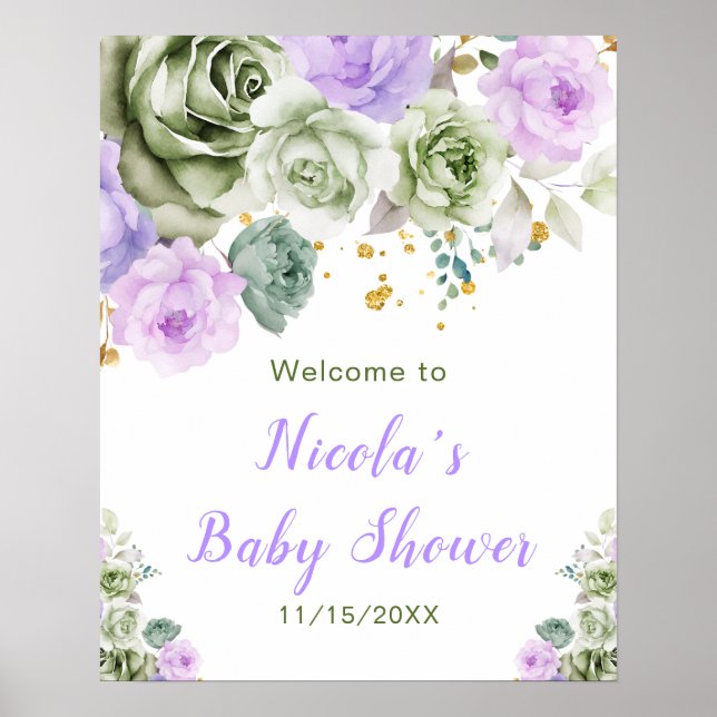Sage Green and Purple Floral Baby Shower Welcome Poster (Front)