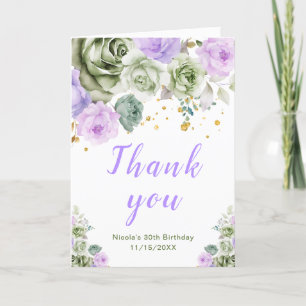 Sage Green and Purple Floral Birthday Thank You Card