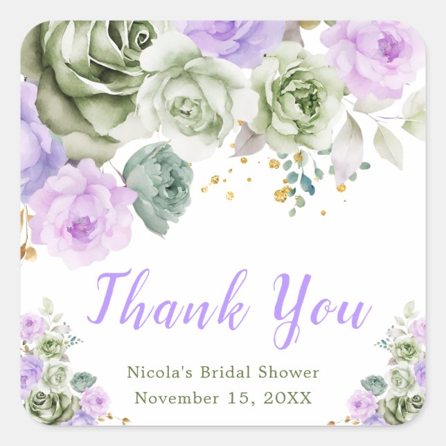 Sage Green and Purple Floral Bridal Shower Square Sticker (Front)