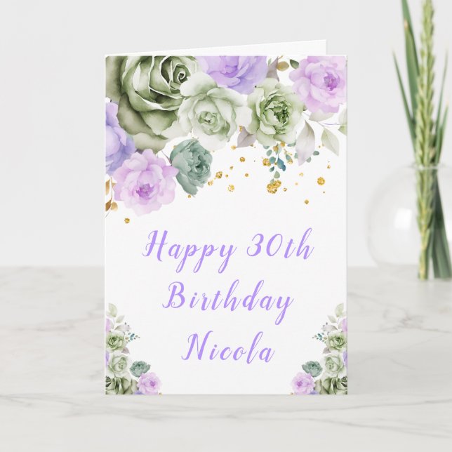 Sage Green and Purple Floral Happy Birthday Card (Front)