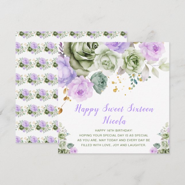 Sage Green and Purple Floral Sweet Sixteen Card (Front/Back)