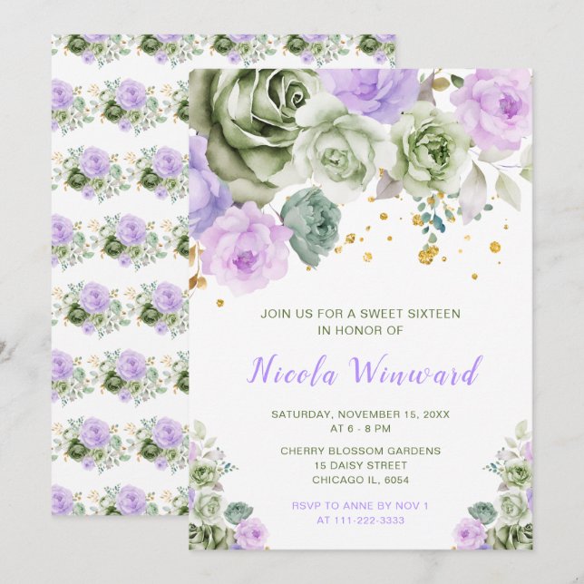 Sage Green and Purple Floral Sweet Sixteen Invitation (Front/Back)