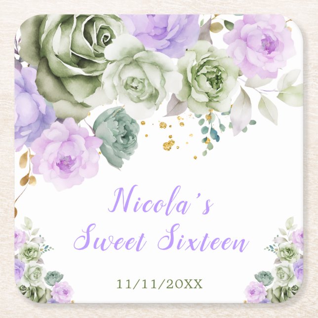 Sage Green and Purple Floral Sweet Sixteen Square Paper Coaster (Front)
