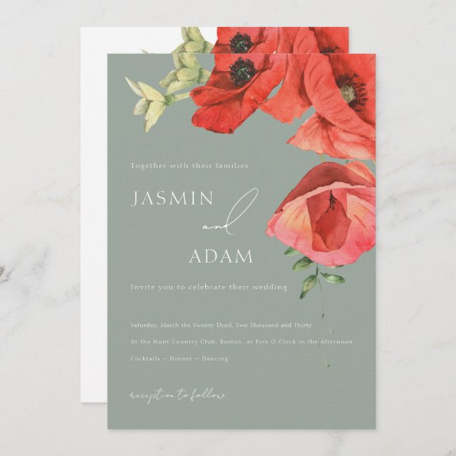 Sage Green and Red Poppies Wedding Invitation (Front/Back)