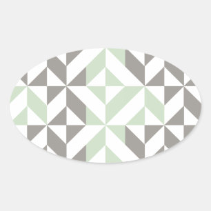Sage Green and Silver Geometric Deco Cube Pattern Oval Sticker