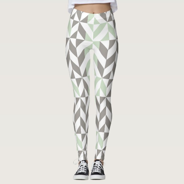 Sage Green and Silver Geometric ZigZag Leggings (Front)