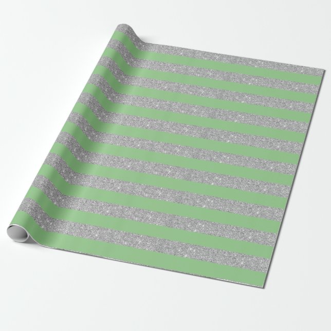 Sage Green and Silver Glitter Stripes Wrapping Paper (Unrolled)