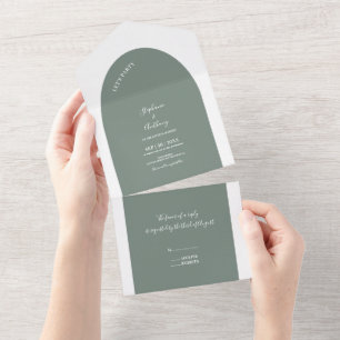Sage Green and White Arch Wedding  All In One Invitation