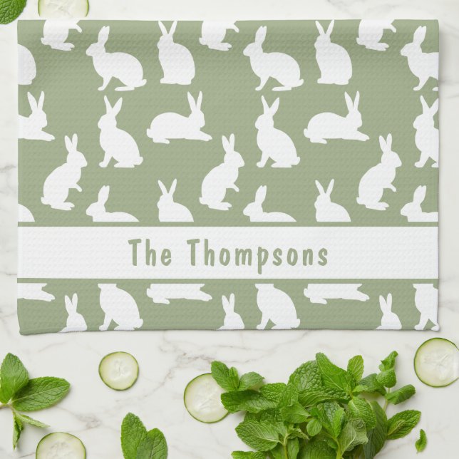 Sage Green And White Bunny Pattern And Name Easter Tea Towel (Folded)