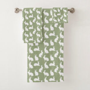 Sage Green And White Bunny Pattern Cute Easter Bath Towel Set