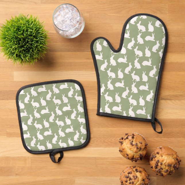 Sage Green And White Bunny Pattern Cute Easter Oven Mitt & Pot Holder Set (Top Down)