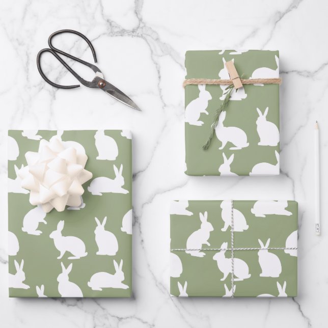 Sage Green And White Bunny Pattern Modern Easter Wrapping Paper Sheet (Front)