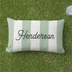 Sage Green and White Cabana Stripes Monogrammed Lumbar Cushion