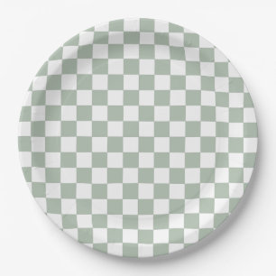 Sage Green and White Checkered Paper Plate