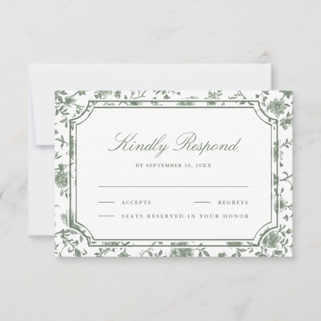 Sage Green and White Chinoiserie Wedding RSVP Card (Front)