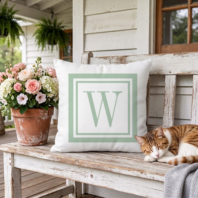 Sage Green and White Classic Square Monogram Cushion (Creator Uploaded)