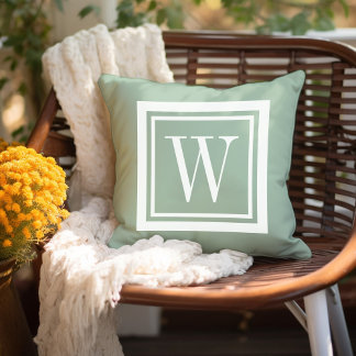 Sage Green and White Classic Square Monogram Cushion