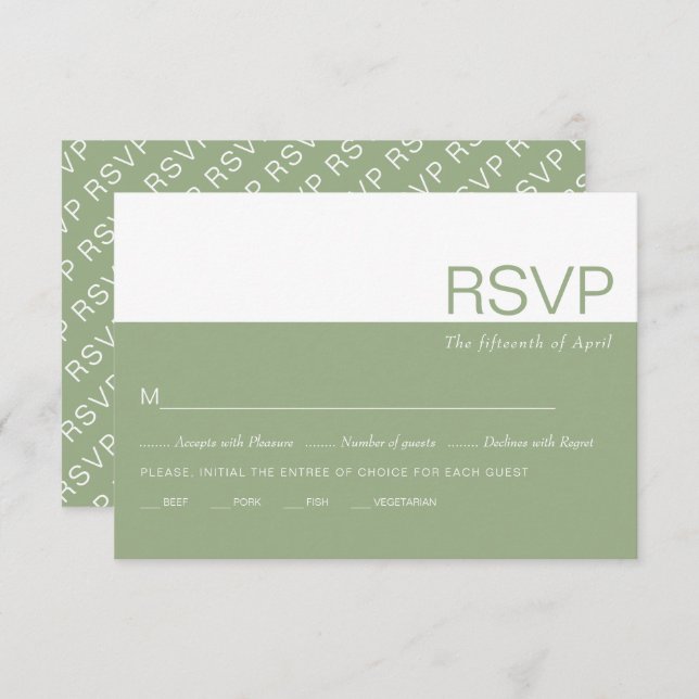 Sage green and white colorblock whimsical wedding RSVP card (Front/Back)