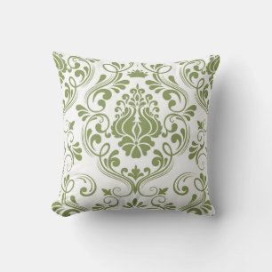 Sage Green and White Damask Floral Pattern Elegant Cushion