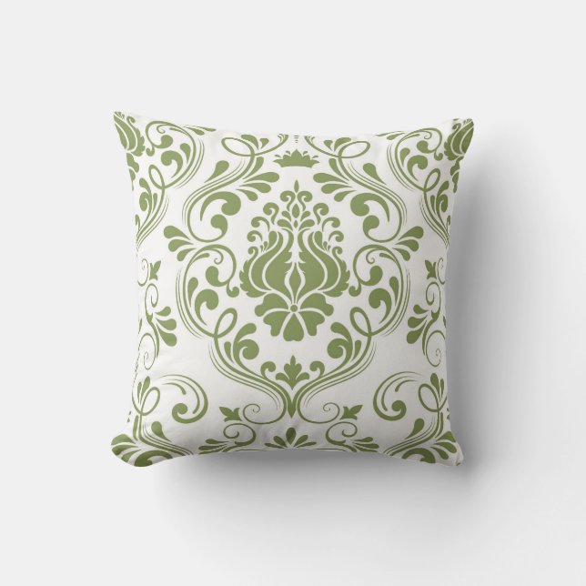 Sage Green and White Damask Floral Pattern Elegant Cushion (Front)