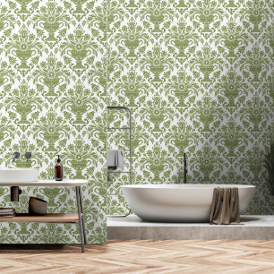 Sage Green and White Damask Floral peel and stick Wallpaper
