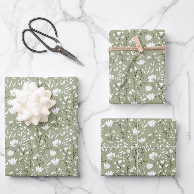 Sage Green and White Floral Bridal Shower Wedding Wrapping Paper Sheet (Front)