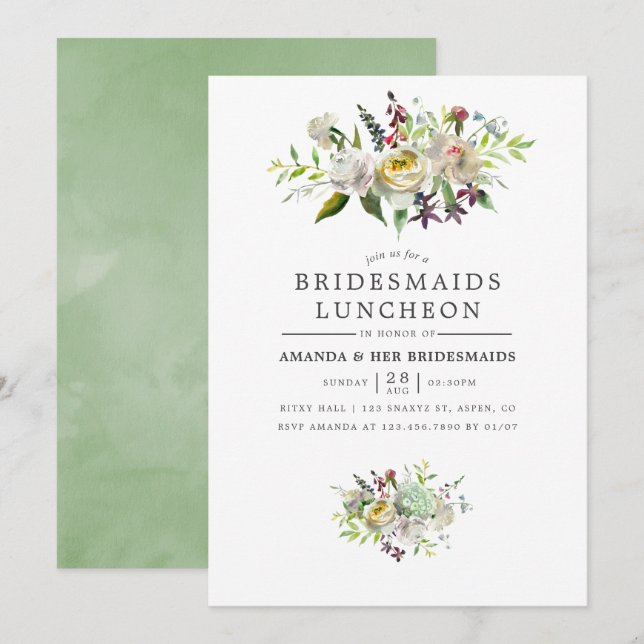 Sage Green and White Floral Bridesmaids Luncheon Invitation (Front/Back)
