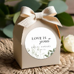Sage Green and White Floral Love is Sweet Wedding Classic Round Sticker<br><div class="desc">Custom-designed wedding favour stickers and labels featuring "love is sweet" modern elegant sage green and white floral design.</div>