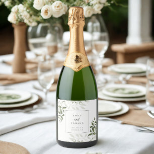 Sage Green and White Floral Wedding Wine Bottle Sparkling Wine Label