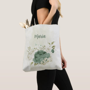 sage green and white flower tote bag